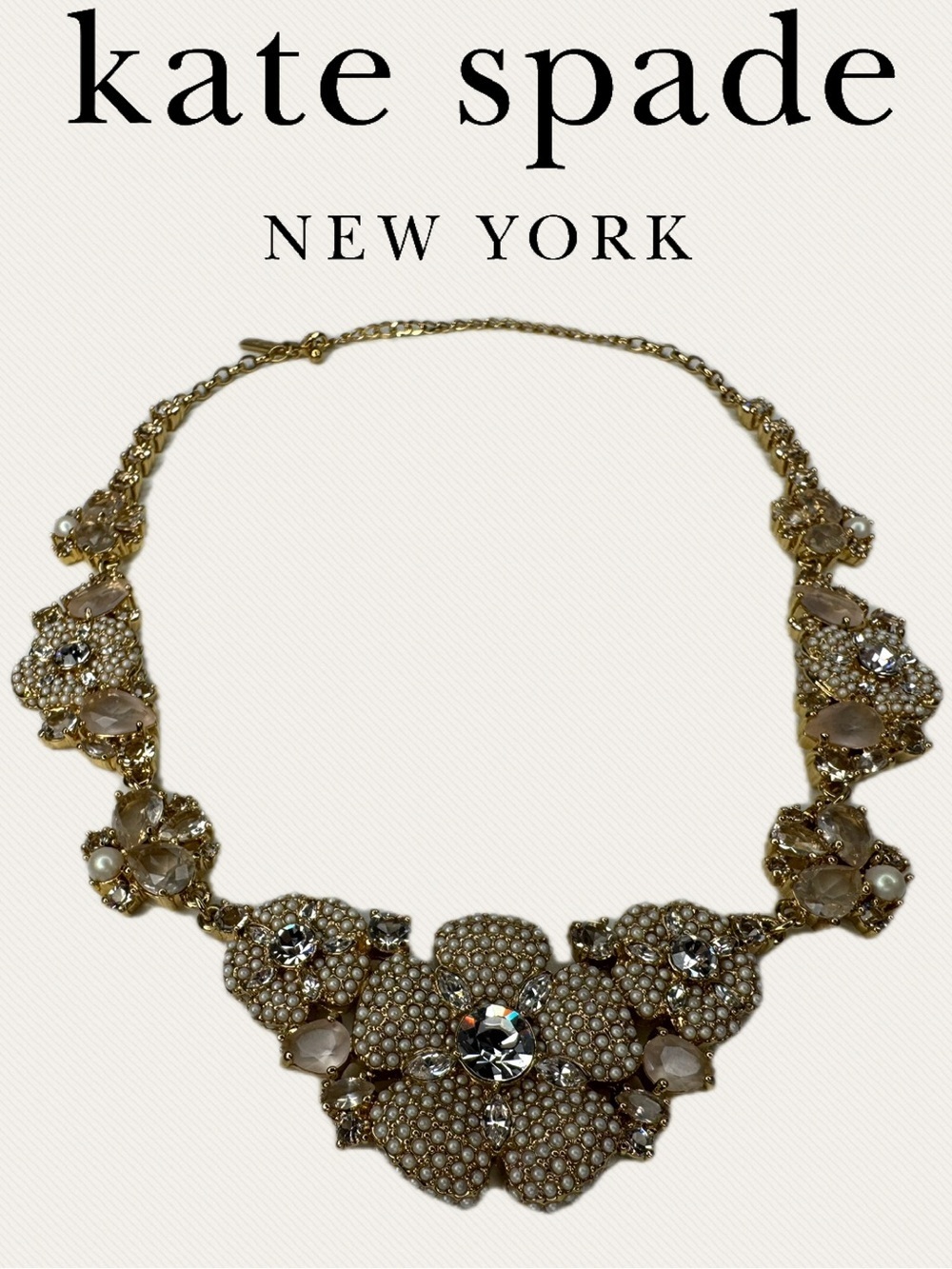 Kate Spade Vintage Floral Necklace Y2K Bridal Statement Gold Pearl Crystal EUC